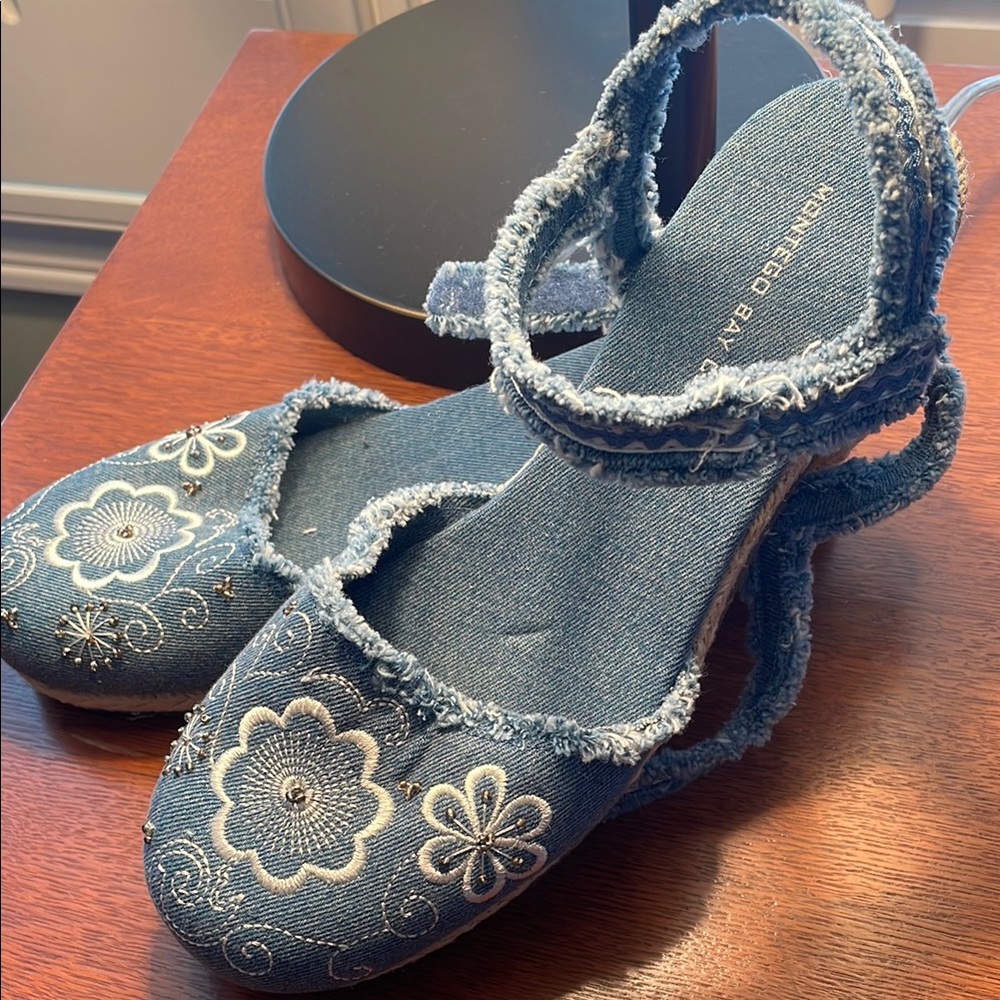 Montego Bay Club Blue denim espadrille’s
with Floral Embroidery and Ankle Strap